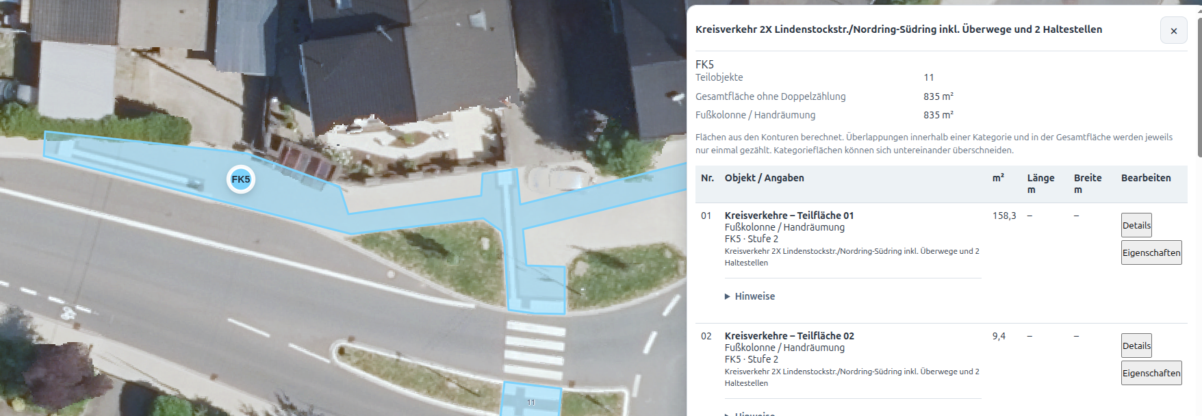 Objektliste zum Kreisverkehr mit Teilflächen, Quadratmetern, Handräumung, Bezirk FK5 und Stufe 2